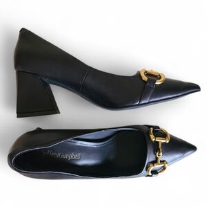 jeffrey campbell happy hour pointed-toe pumps in black leather gold-tone 6.5